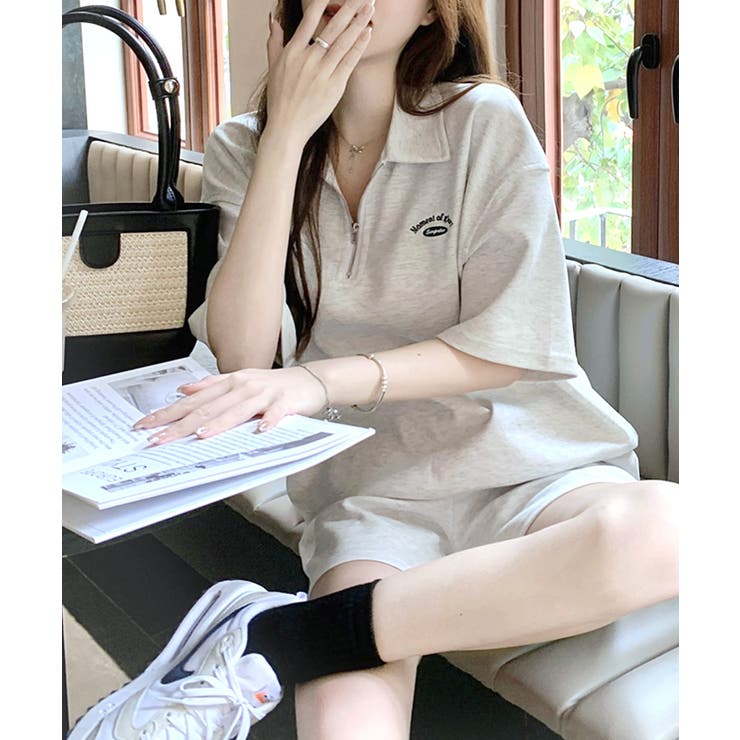 ハーフジップトップス+ショートパンツ セットアップ ルームウェア[品番