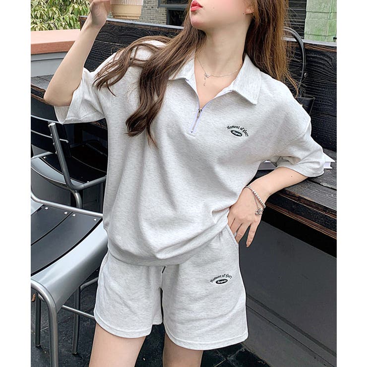 2点セット] ハーフジップトップス+ショートパンツ セットアップ[品番
