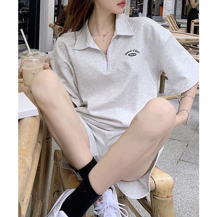 2点セット] ハーフジップトップス+ショートパンツ セットアップ[品番