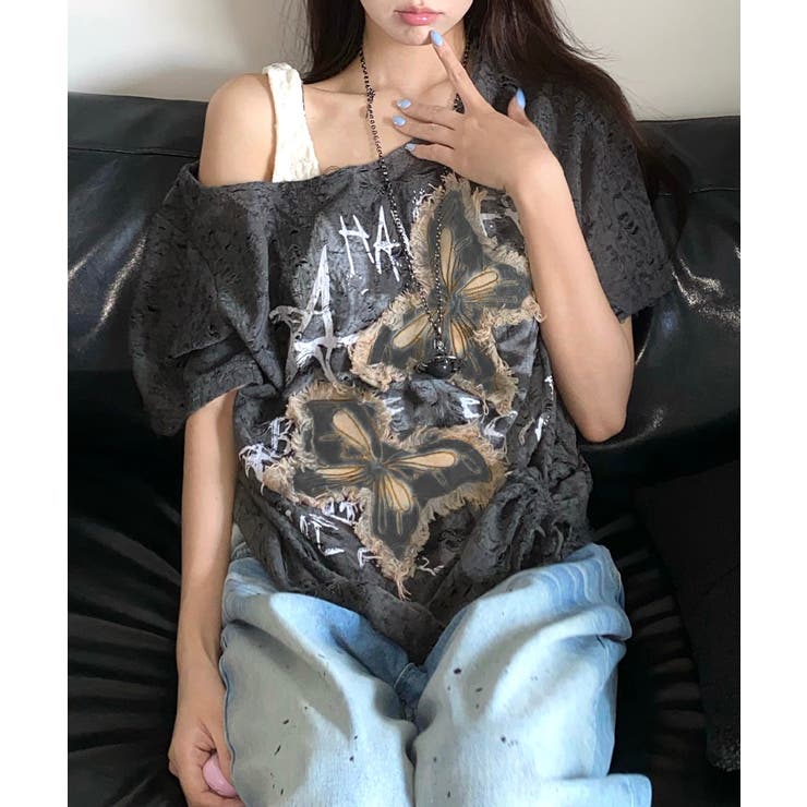 ワンショルダーバタフライ半袖Tシャツ ロゴプリント ワッペン | Riff | 詳細画像10 