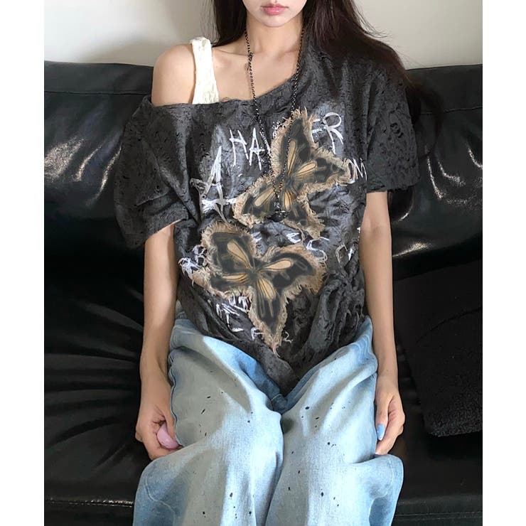 ワンショルダーバタフライ半袖Tシャツ ロゴプリント ワッペン | Riff | 詳細画像11 