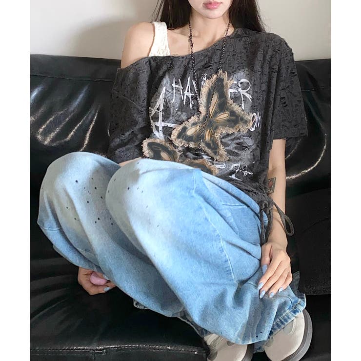 ワンショルダーバタフライ半袖Tシャツ ロゴプリント ワッペン | Riff | 詳細画像12 