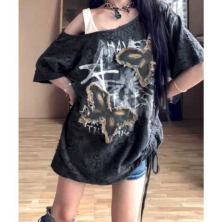 ワンショルダーバタフライ半袖Tシャツ ロゴプリント ワッペン | Riff | 詳細画像13 
