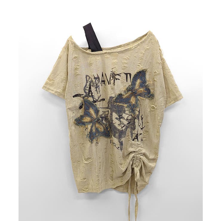 ワンショルダーバタフライ半袖Tシャツ ロゴプリント ワッペン | Riff | 詳細画像14 