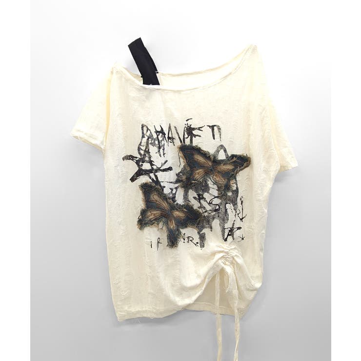 ワンショルダーバタフライ半袖Tシャツ ロゴプリント ワッペン | Riff | 詳細画像15 