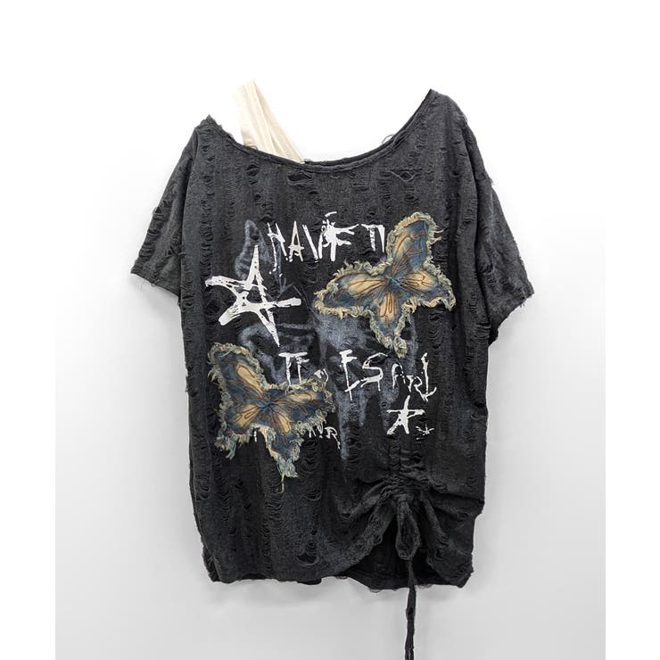 ワンショルダーバタフライ半袖Tシャツ ロゴプリント ワッペン | Riff | 詳細画像16 