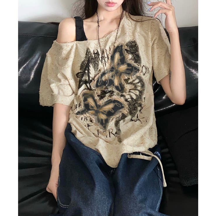 ワンショルダーバタフライ半袖Tシャツ ロゴプリント ワッペン | Riff | 詳細画像2 