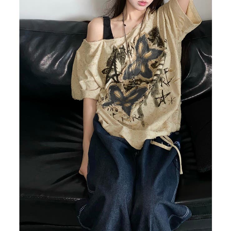 ワンショルダーバタフライ半袖Tシャツ ロゴプリント ワッペン | Riff | 詳細画像3 
