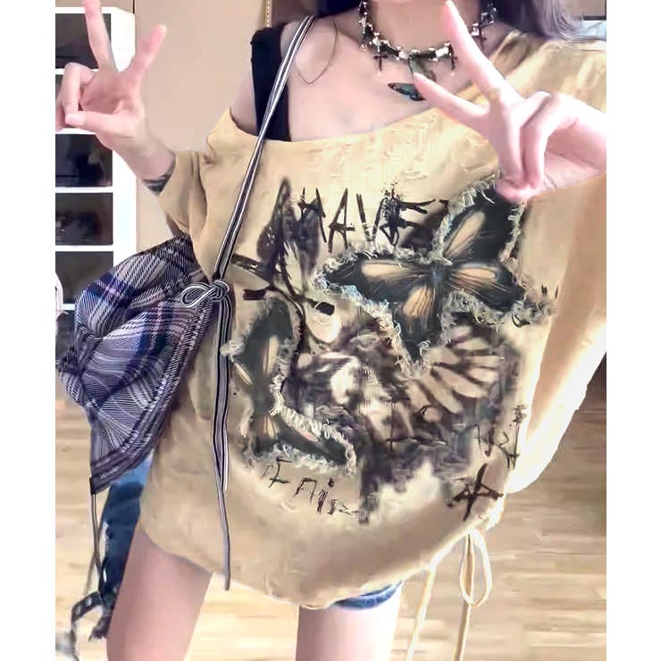 ワンショルダーバタフライ半袖Tシャツ ロゴプリント ワッペン | Riff | 詳細画像4 