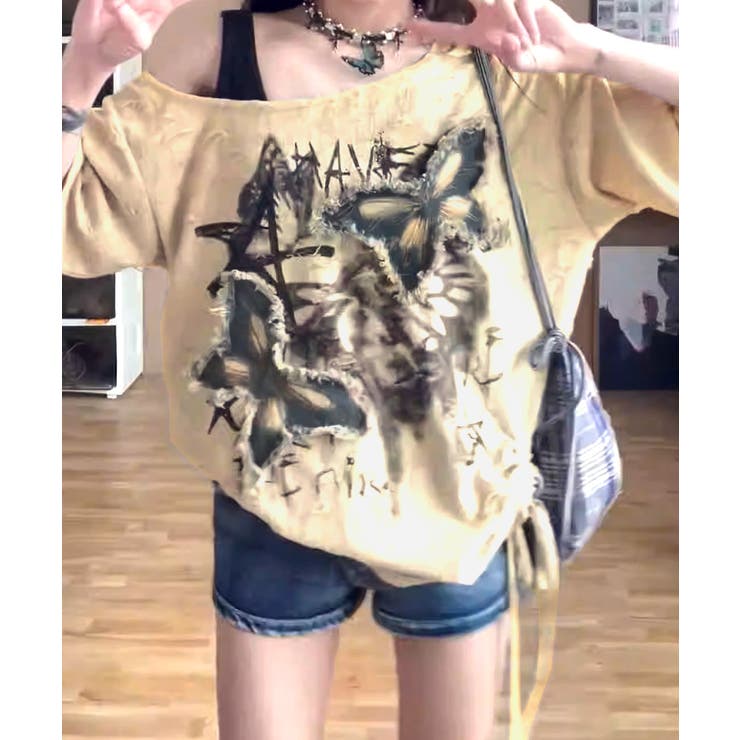 ワンショルダーバタフライ半袖Tシャツ ロゴプリント ワッペン | Riff | 詳細画像5 