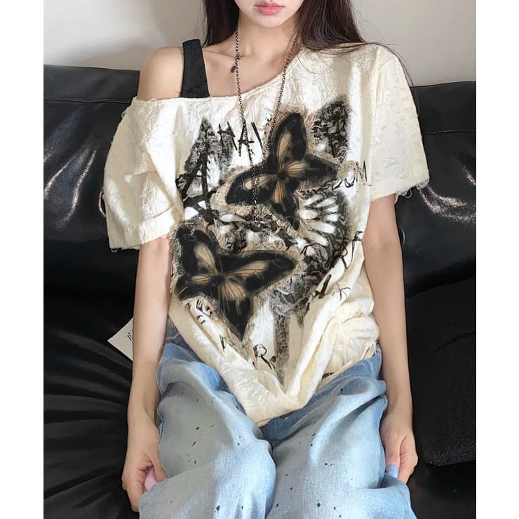 ワンショルダーバタフライ半袖Tシャツ ロゴプリント ワッペン | Riff | 詳細画像6 
