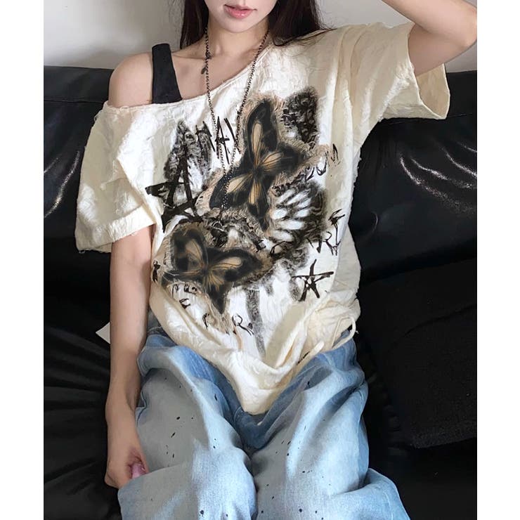 ワンショルダーバタフライ半袖Tシャツ ロゴプリント ワッペン | Riff | 詳細画像7 