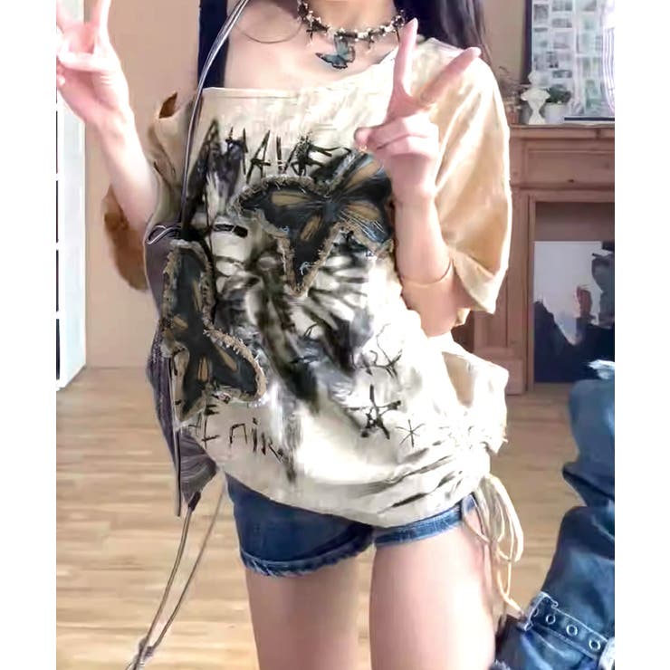 ワンショルダーバタフライ半袖Tシャツ ロゴプリント ワッペン | Riff | 詳細画像9 
