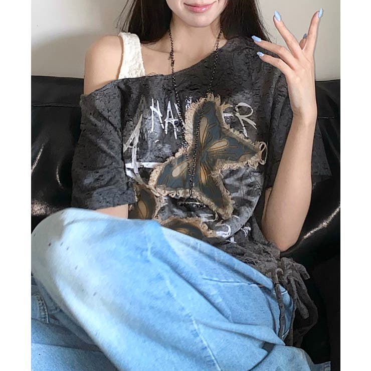 チャコールグレー | ワンショルダーバタフライ半袖Tシャツ ロゴプリント ワッペン | Riff