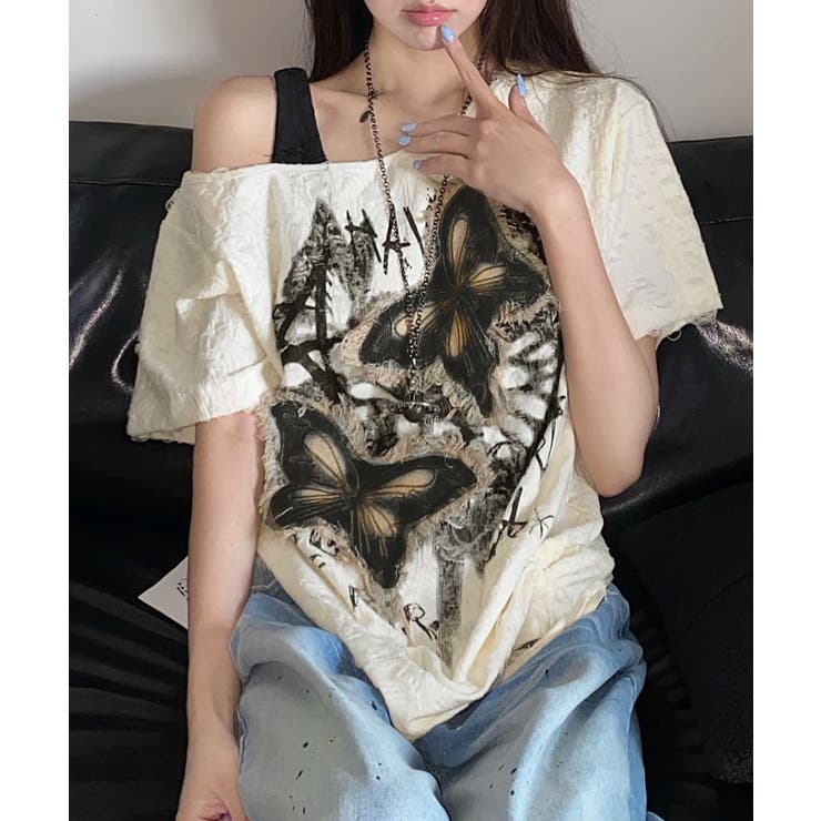 アイボリー | ワンショルダーバタフライ半袖Tシャツ ロゴプリント ワッペン | Riff