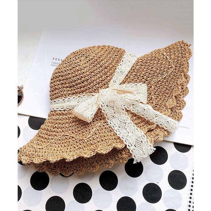 【美品】リボンフリルカンカン帽　レース　かわいい 麦ストローハット リボン Amazon.co.jp: レースリボン ストローハット カンカン帽