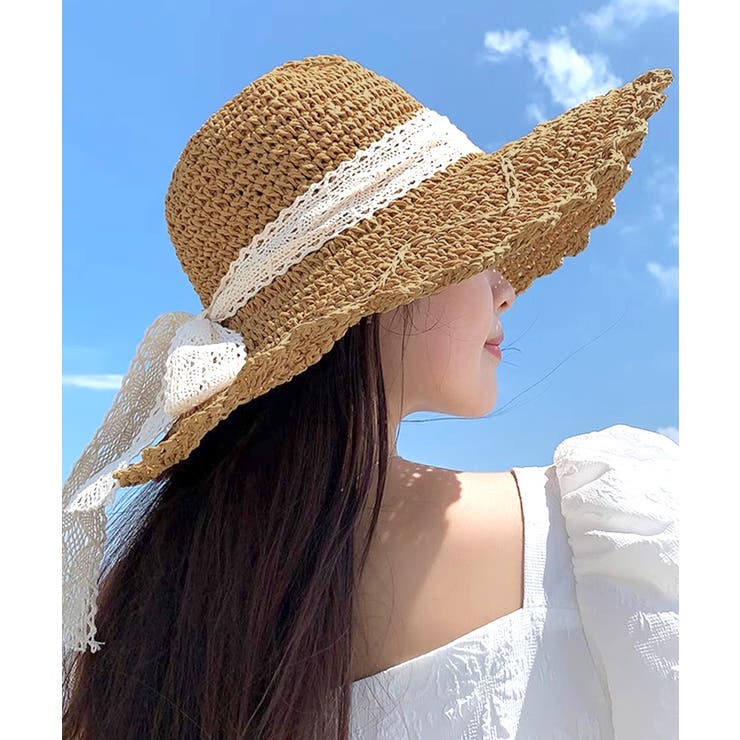 Chapeaud'O ストロー 麦わら帽子 ストライプリボン付き ベージュ 期間限定！ クーポン利用で15%OFF】 麦わら帽子 レディース