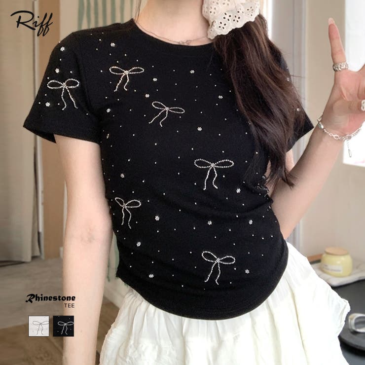 25116　ハイネック　花柄　黒　ラインストーン　ロゴ　Tシャツ　コットン　半袖 ラインストーンリボン半袖Tシャツ クルーネック カットソー[品番