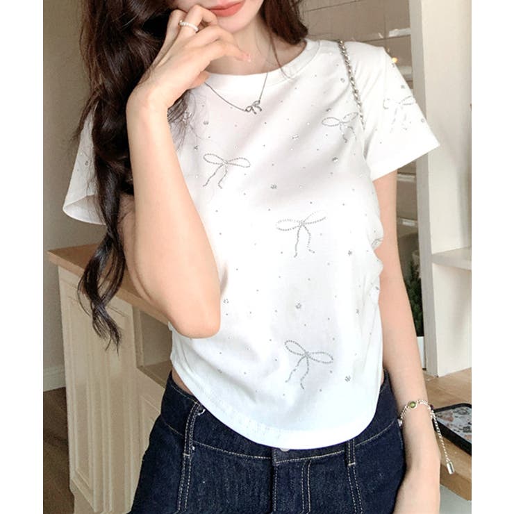 ラインストーンリボン半袖Tシャツ クルーネック カットソー[品番