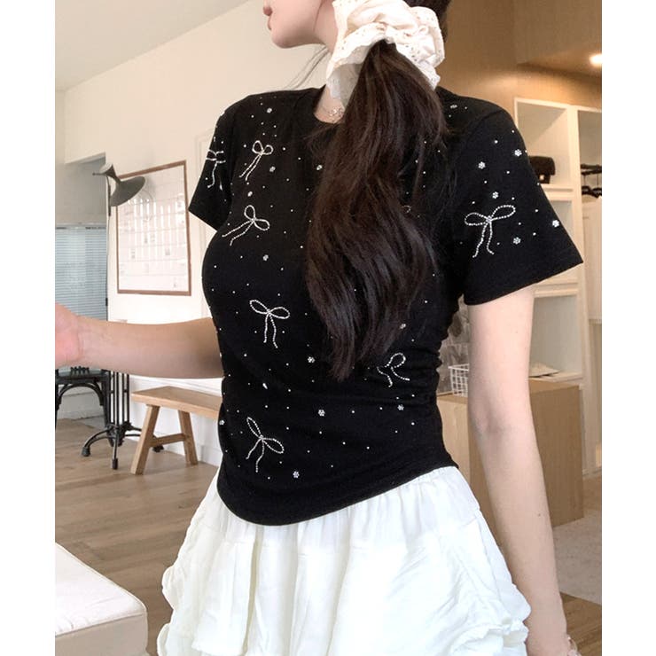 ラインストーンリボン半袖Tシャツ クルーネック カットソー[品番 