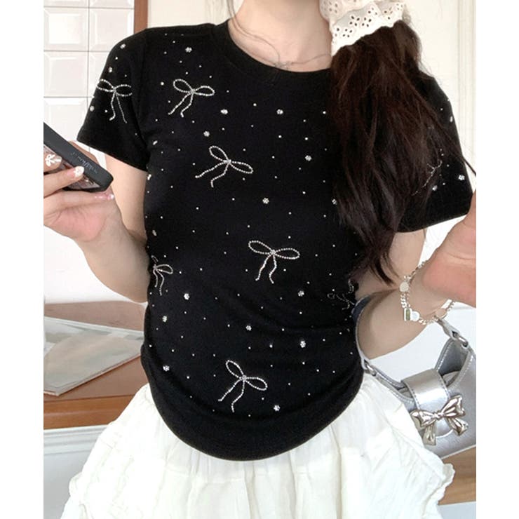 ラインストーンリボン半袖Tシャツ クルーネック カットソー[品番