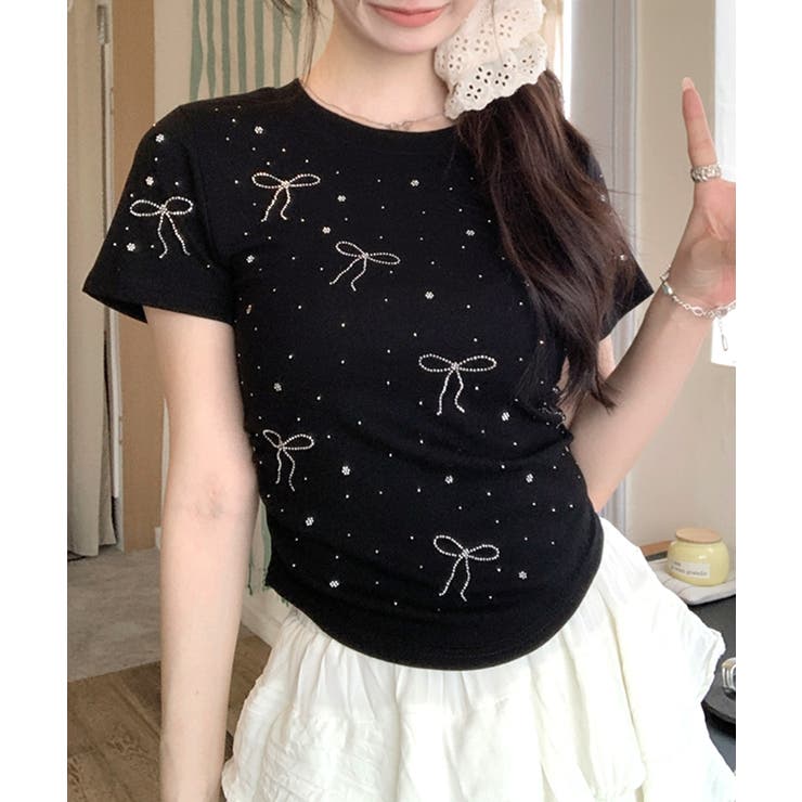 ラインストーンリボン半袖Tシャツ クルーネック カットソー[品番