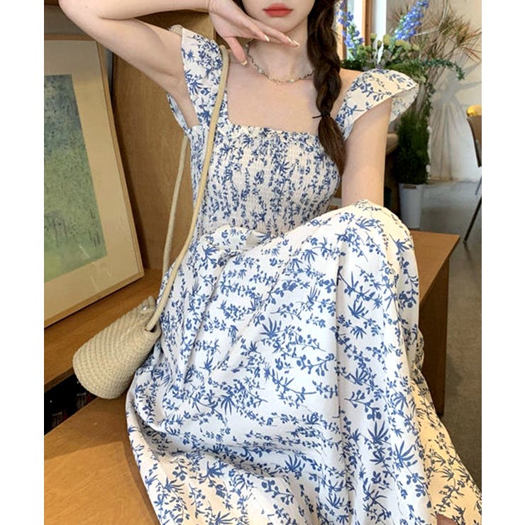 花柄ノースリーブロングワンピース マキシワンピース Aライン