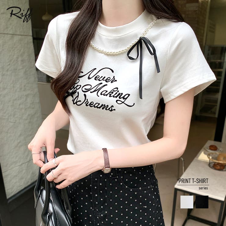 パールリボン付き半袖ロゴTシャツ チャーム付き クルーネック | Riff | 詳細画像1 