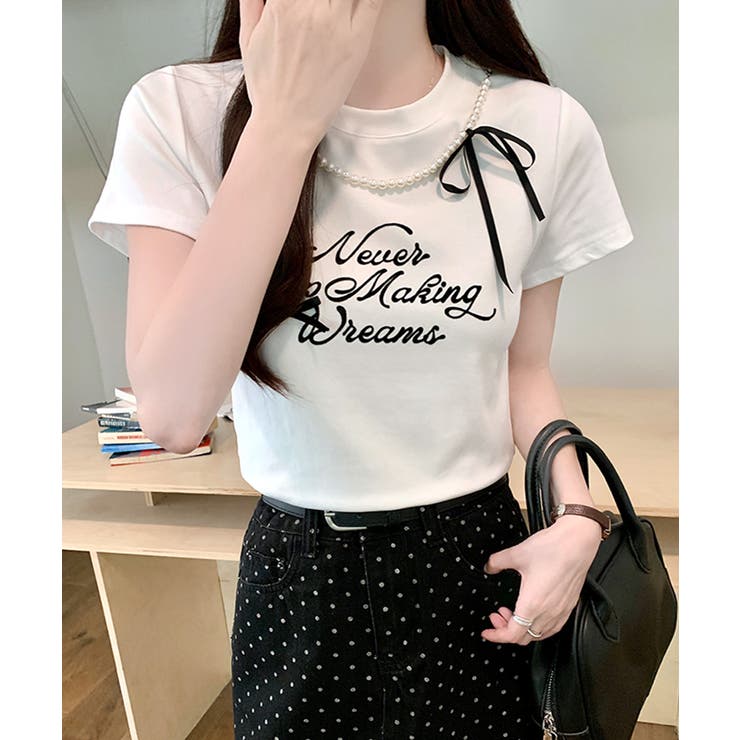 パールリボン付き半袖ロゴTシャツ チャーム付き クルーネック | Riff | 詳細画像13 