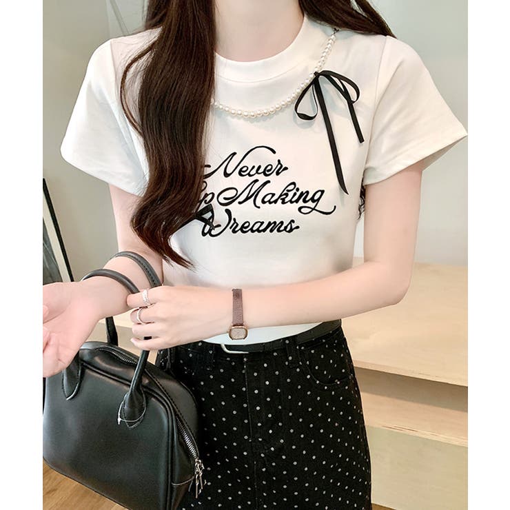 パールリボン付き半袖ロゴTシャツ チャーム付き クルーネック | Riff | 詳細画像14 