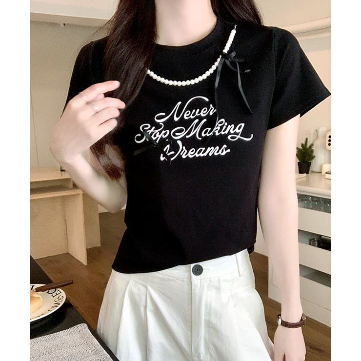 パールリボン付き半袖ロゴTシャツ チャーム付き クルーネック | Riff | 詳細画像2 