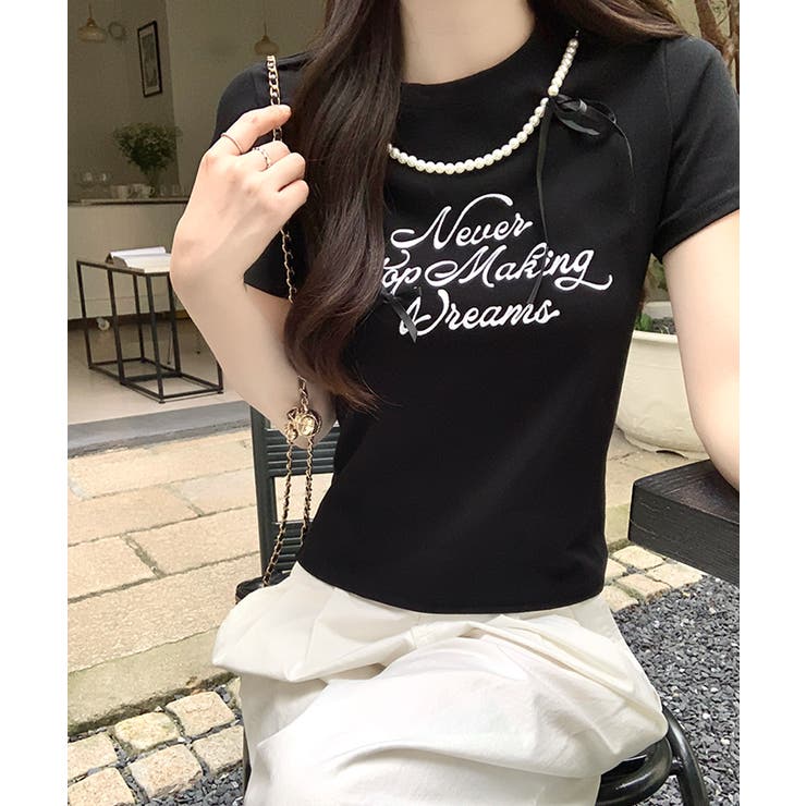 パールリボン付き半袖ロゴTシャツ チャーム付き クルーネック | Riff | 詳細画像3 