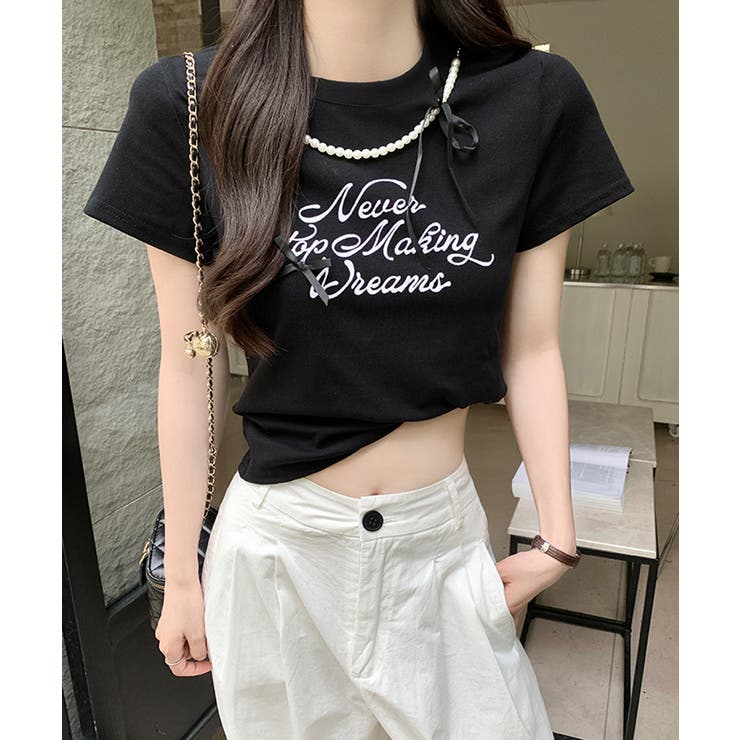 パールリボン付き半袖ロゴTシャツ チャーム付き クルーネック | Riff | 詳細画像5 