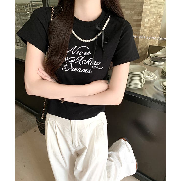 パールリボン付き半袖ロゴTシャツ チャーム付き クルーネック | Riff | 詳細画像6 