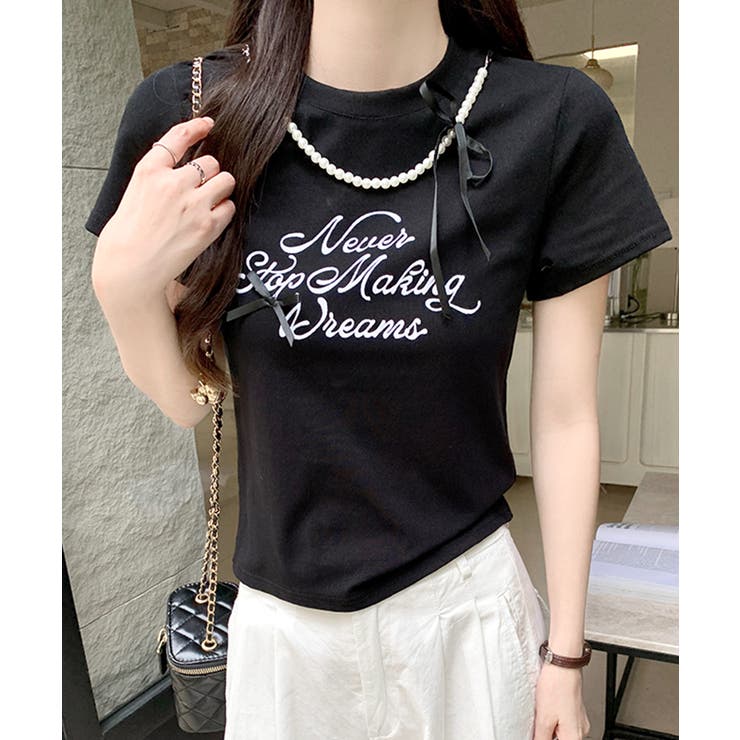 ブラック | パールリボン付き半袖ロゴTシャツ チャーム付き クルーネック | Riff