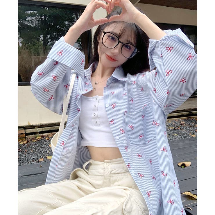 リボン総柄ストライプシャツ オーバーサイズ ロングシャツ[品番