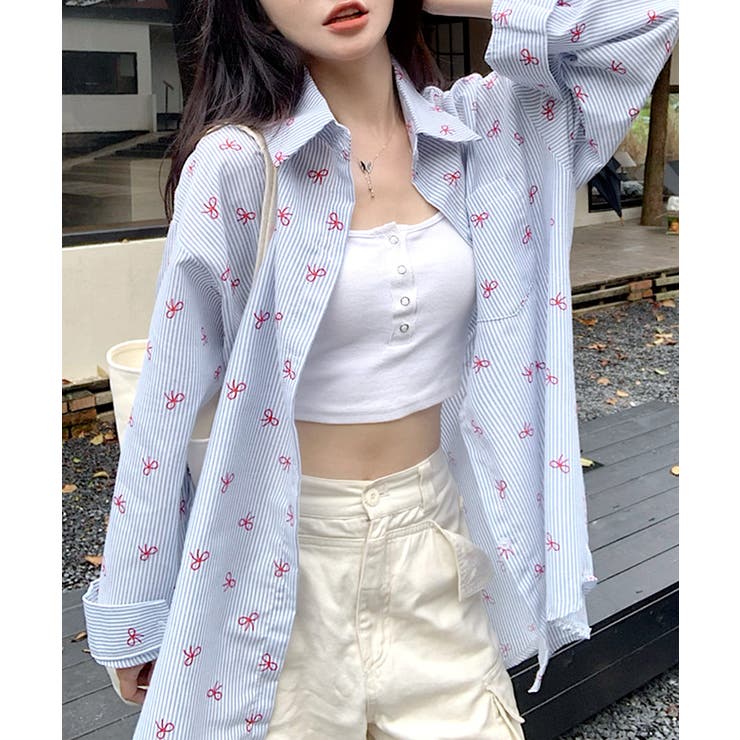 リボン総柄ストライプシャツ オーバーサイズ ロングシャツ[品番
