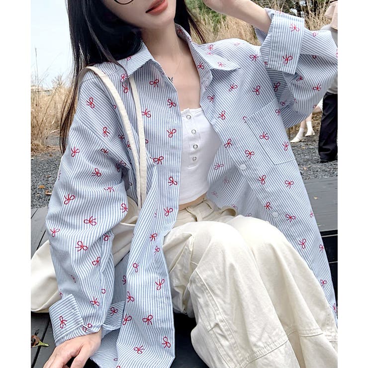 リボン総柄ストライプシャツ オーバーサイズ ロングシャツ[品番