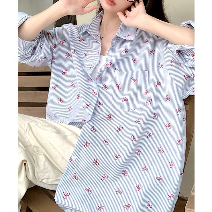 リボン総柄ストライプシャツ オーバーサイズ ロングシャツ[品番