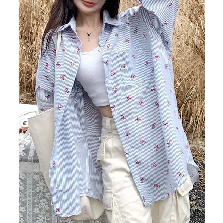リボン総柄ストライプシャツ オーバーサイズ ロングシャツ[品番