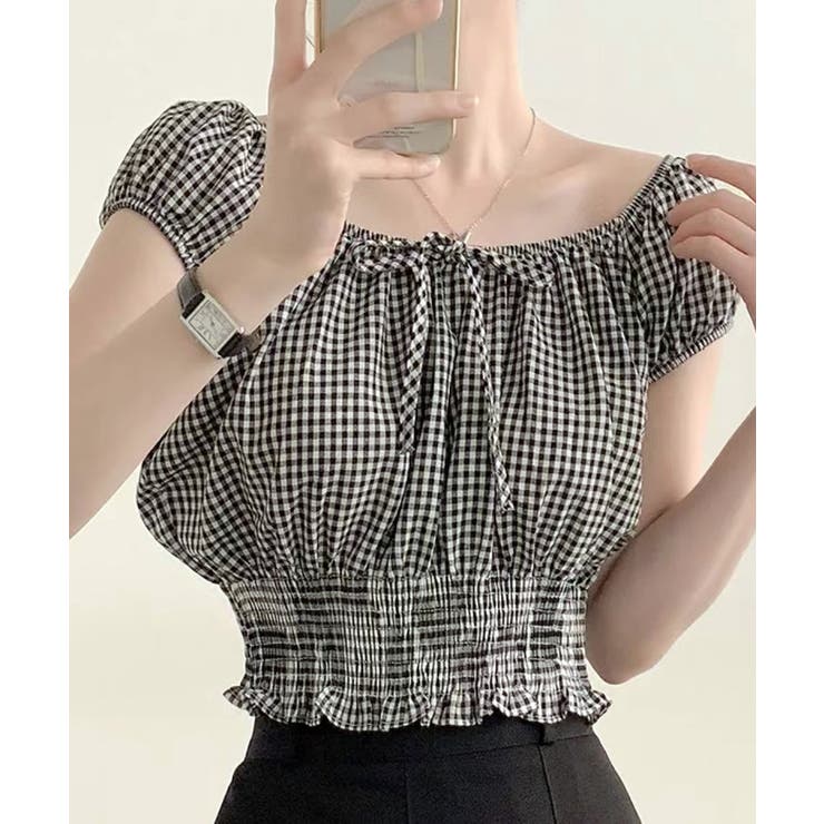 オフショルシャーリング半袖トップス パフスリーブ リボン | Riff | 詳細画像12 