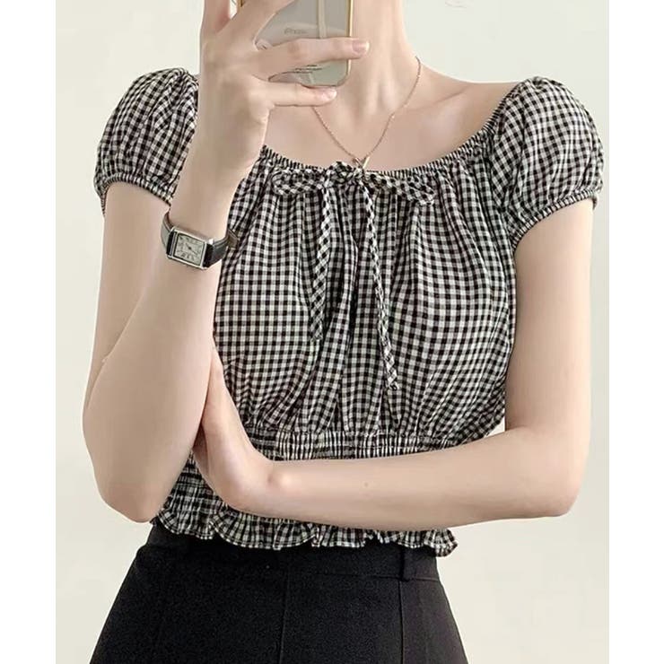 オフショルシャーリング半袖トップス パフスリーブ リボン | Riff | 詳細画像13 