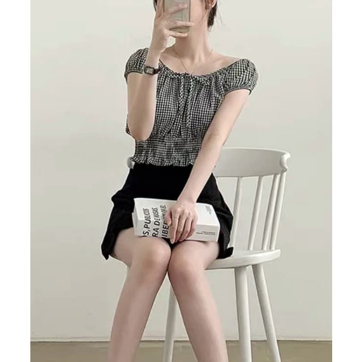 オフショルシャーリング半袖トップス パフスリーブ リボン | Riff | 詳細画像15 