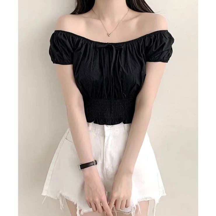 オフショルシャーリング半袖トップス パフスリーブ リボン | Riff | 詳細画像16 