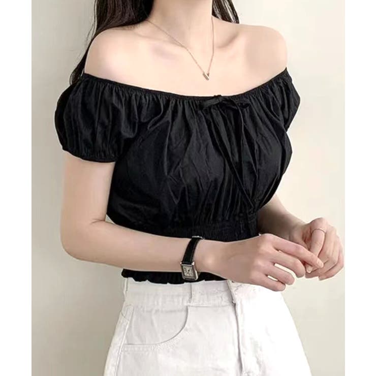 オフショルシャーリング半袖トップス パフスリーブ リボン | Riff | 詳細画像17 