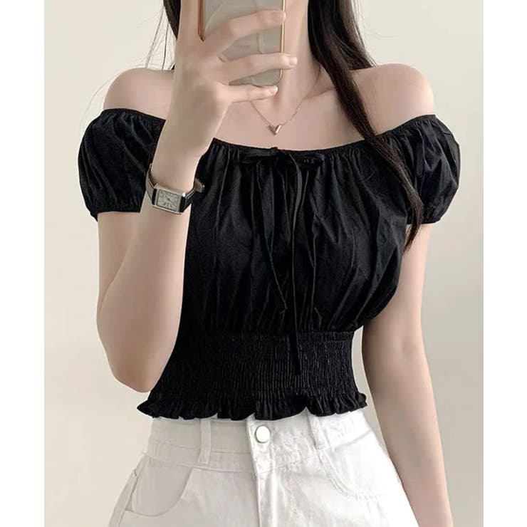 オフショルシャーリング半袖トップス パフスリーブ リボン | Riff | 詳細画像18 