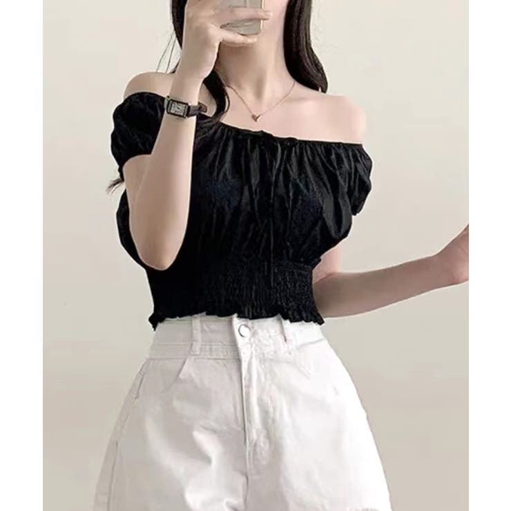 オフショルシャーリング半袖トップス パフスリーブ リボン | Riff | 詳細画像19 