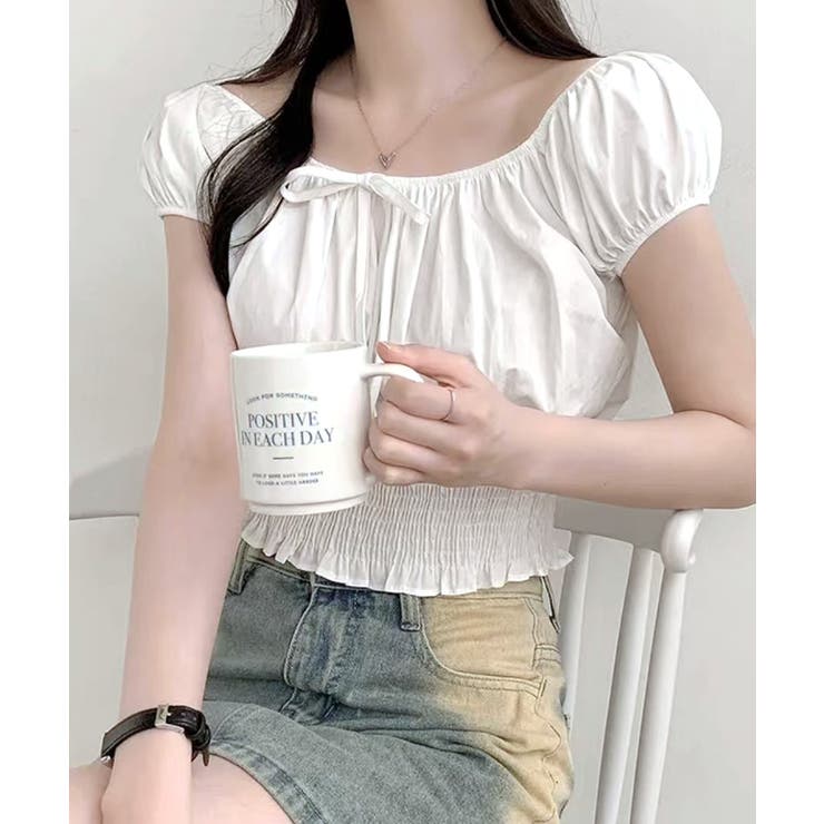 オフショルシャーリング半袖トップス パフスリーブ リボン | Riff | 詳細画像2 