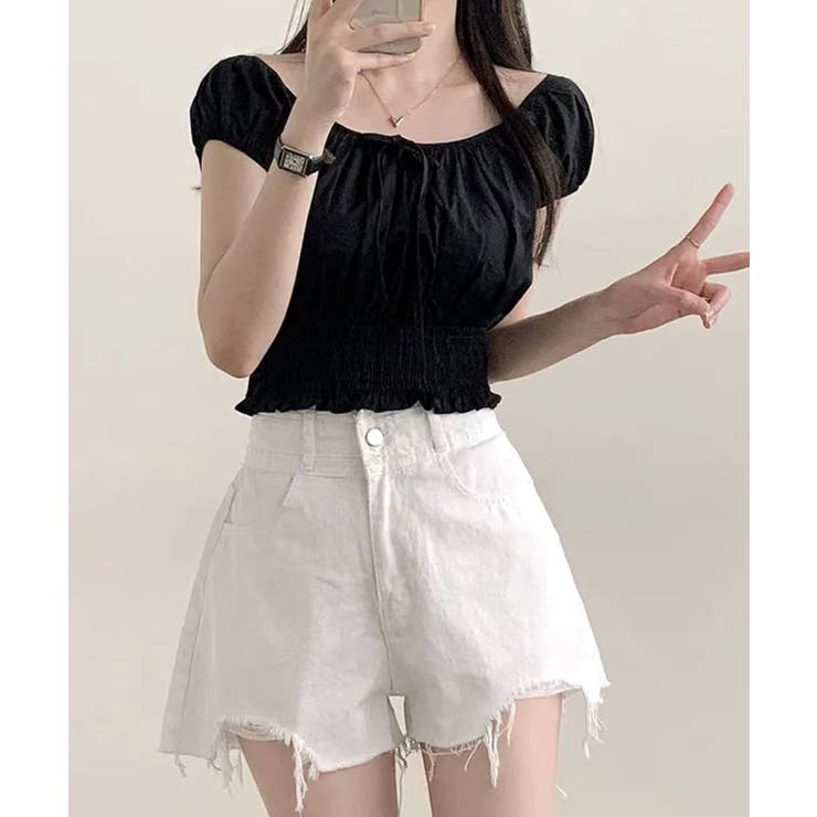 オフショルシャーリング半袖トップス パフスリーブ リボン | Riff | 詳細画像21 