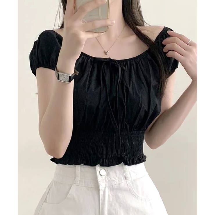 オフショルシャーリング半袖トップス パフスリーブ リボン | Riff | 詳細画像22 